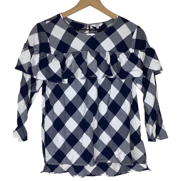 CROWN & IVY Top Blouse Check Plaid Print Gingham Ruffle 3/4 Sleeve Size Small - Picture 10 of 10